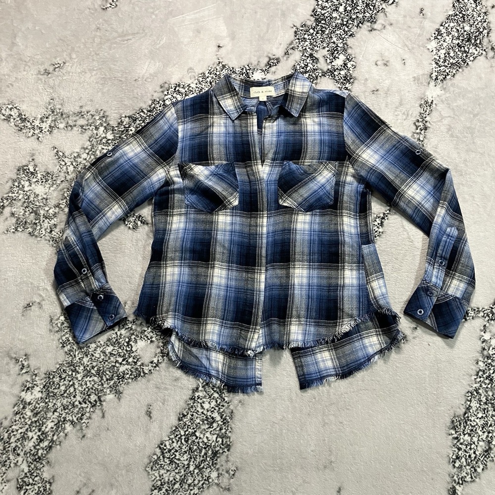 Cloth Stone Shirt Womens Sz S Blue Plaid Flannel Raw Hem Boho‎ Casual Button Up